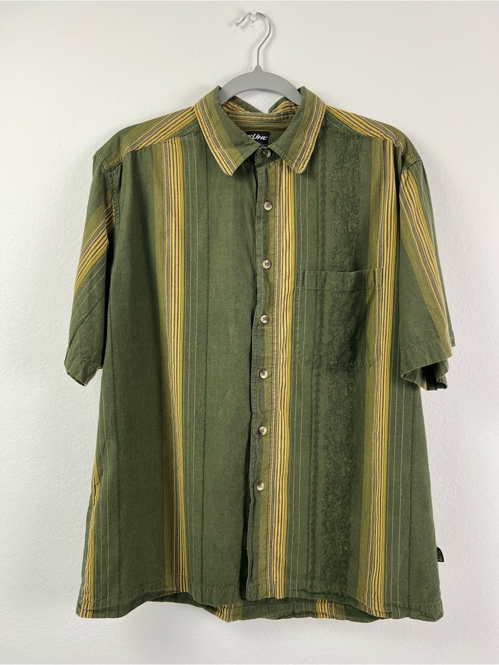 KUHL Green & Gold Striped Short Sleeve Cotton Vacation Beach Work Button Down